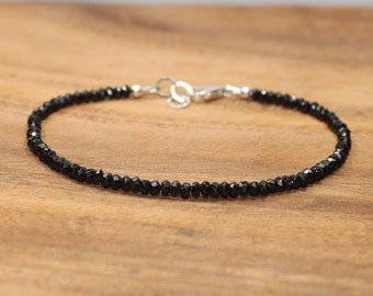 Bracelet en spinelle noir, bijoux en spinelle noir, argent sterling, minimaliste, bracelet à superposition