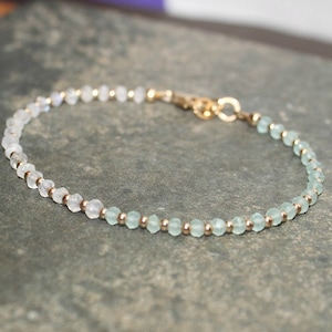 Aqua Chalcedony & Moonstone Bracelet, Moonstone Jewelry, Beaded Bracelet, Gold Filled, Layering Bracelet, Blue Flash