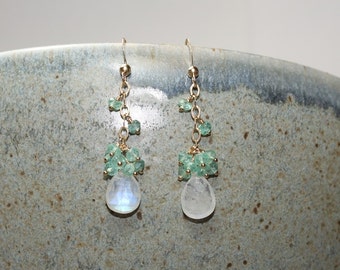 Rainbow Moonstone and Apatite Earrings, Blue Flash, Moonstone Earrings, Cluster, Gold Filled Chain, Apatite Jewelry