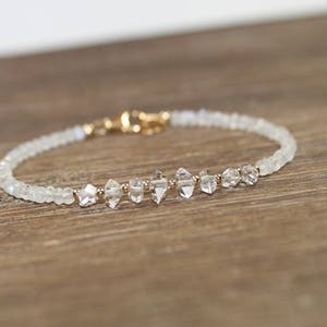 Rainbow Moonstone & Herkimer Diamond Bracelet, Beaded Quartz Crystal ...