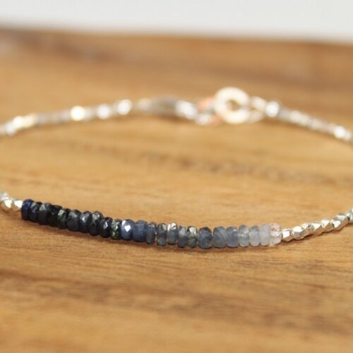 Store Blue Sapphire Ombre Bracelet, Hill Tribe Beads, Fine Silver, Blue Sapphire Jewelry, September Birthstone. Gemstone Bracelet