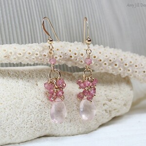 Rose Quartz Earrings, Pink Topaz and Mystic Pink Quartz Cluster, Rose Quartz Jewelry, 14k Gold Filled, Pink Gemstone Jewelry image 2