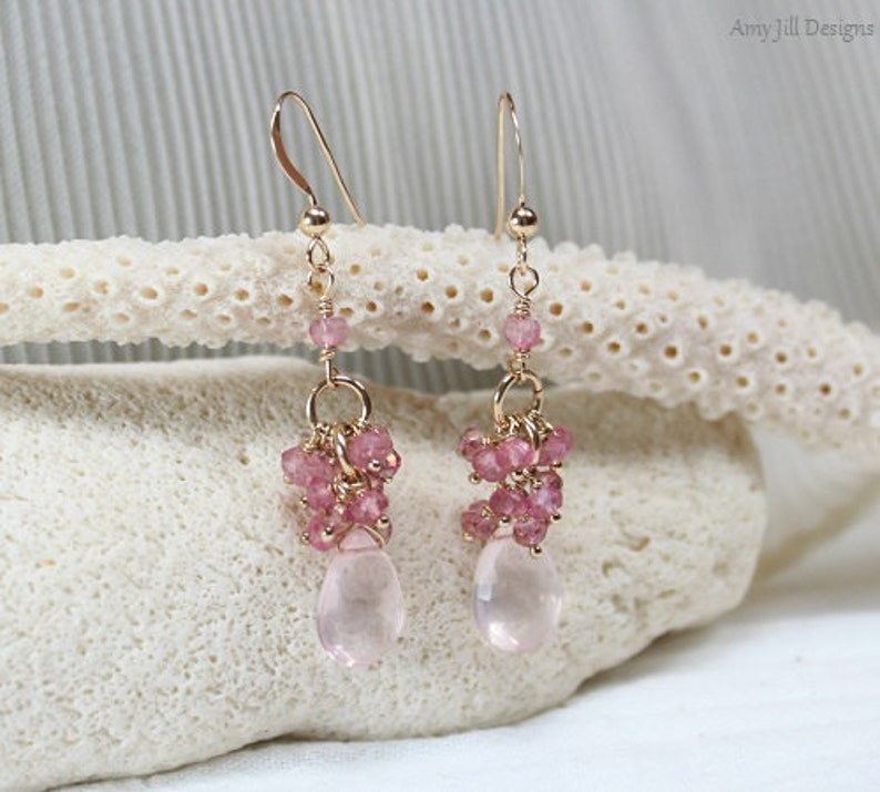 Rose Quartz Earrings, Pink Topaz and Mystic Pink Quartz Cluster, Rose Quartz Jewelry, 14k Gold Filled, Pink Gemstone Jewelry image 2