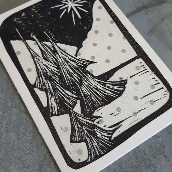 Snowy Christmas Tree Card - Lino Cut - Gift Enclosure - Blank - Handmade - Block print - Tganson - Envelope - Note Card - Glitter - Gold