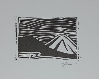 Lino Cut - Little Mountain Range by Tganson- Block Print - Tiny Art - Gift Art - Small Wall Art - Nature Inspired - Simple Lines