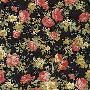 Cotton Flax Rose Floral print SB-87505D3-7 BLACK  by Robert Kaufman - 1 yard