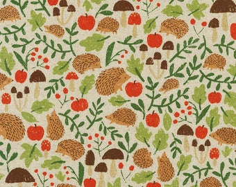 Cotton Flax Hedgehogs and Apples in NATURAL print SB-850407D1-1  by Robert Kaufman - 1 yard