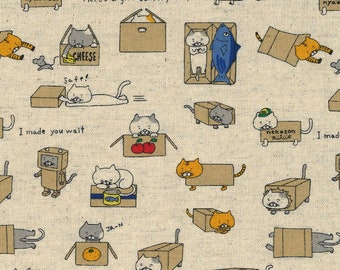 1 yard Cotton Linen Japanese Kawaii Box Cat Fabric Cats Playing in Beige Natural