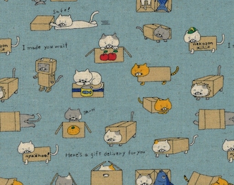 1 yard Cotton Linen Japanese Kawaii Box Cat Fabric Cats Playing in Blue
