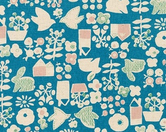 Tauben und Kaninchen skandinavischen Stil Folk Design Flax Robert Kaufman SB-850254D3-3 BLUE by Sevenberry von Cotton Flax Prints - 1 yard