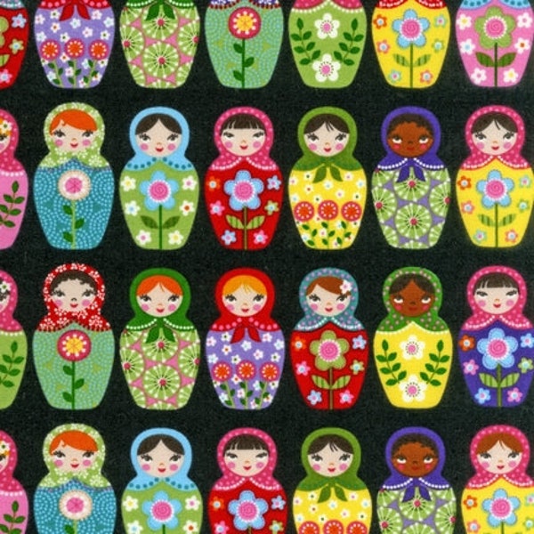 Matryoshka Doll in Black  by Ellen Krans from Robert Kaufman Cotton Fabric By the Yard