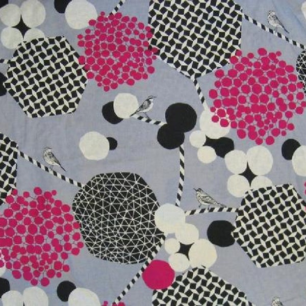 SALE Echino Fabric 2013 Decoro Kokka Fabric Bird Fabric  in Gray / Pink - 1 Yard