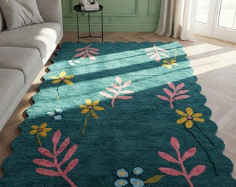Hand Tufted Wool Area Rug, Teal Scalloped Floral Rug