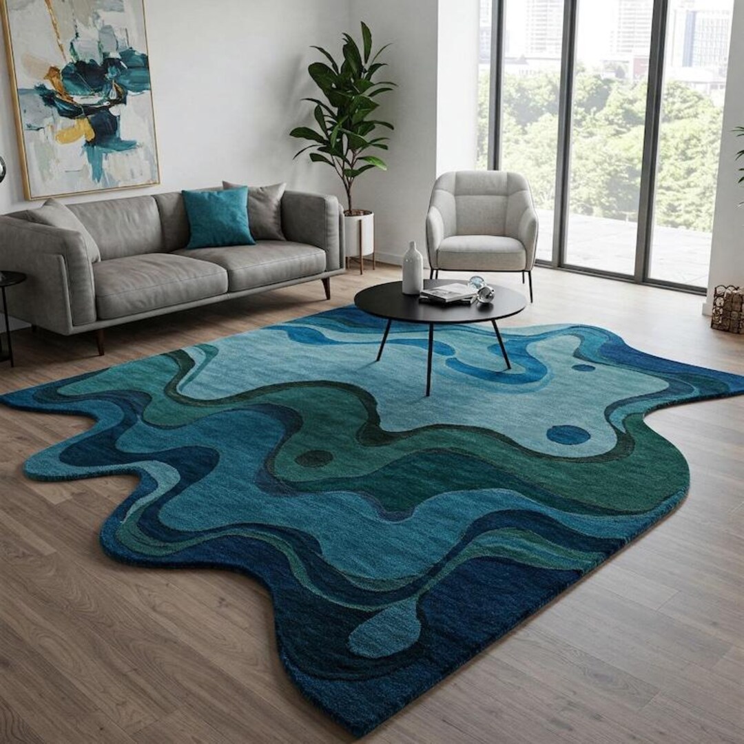 Hand Tufted Wool Area Rug, Abstract Blue Green Woven Design - Etsy