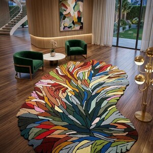 Hand-Tufted Wool Abstract Leaf Area Rug, Multicolor Plush Shag Statement Decor