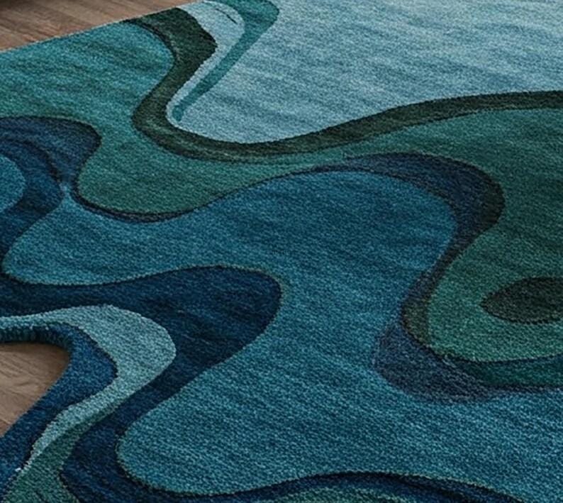 Hand Tufted Wool Area Rug, Abstract Blue Green Woven Design - Etsy