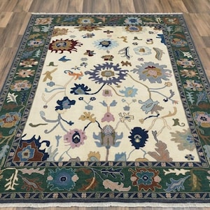 9x12 Oushak Hand-Knotted Wool Rug Handmade ,Ivory , Rich Forest Green | Living Room Decor | Area Rug