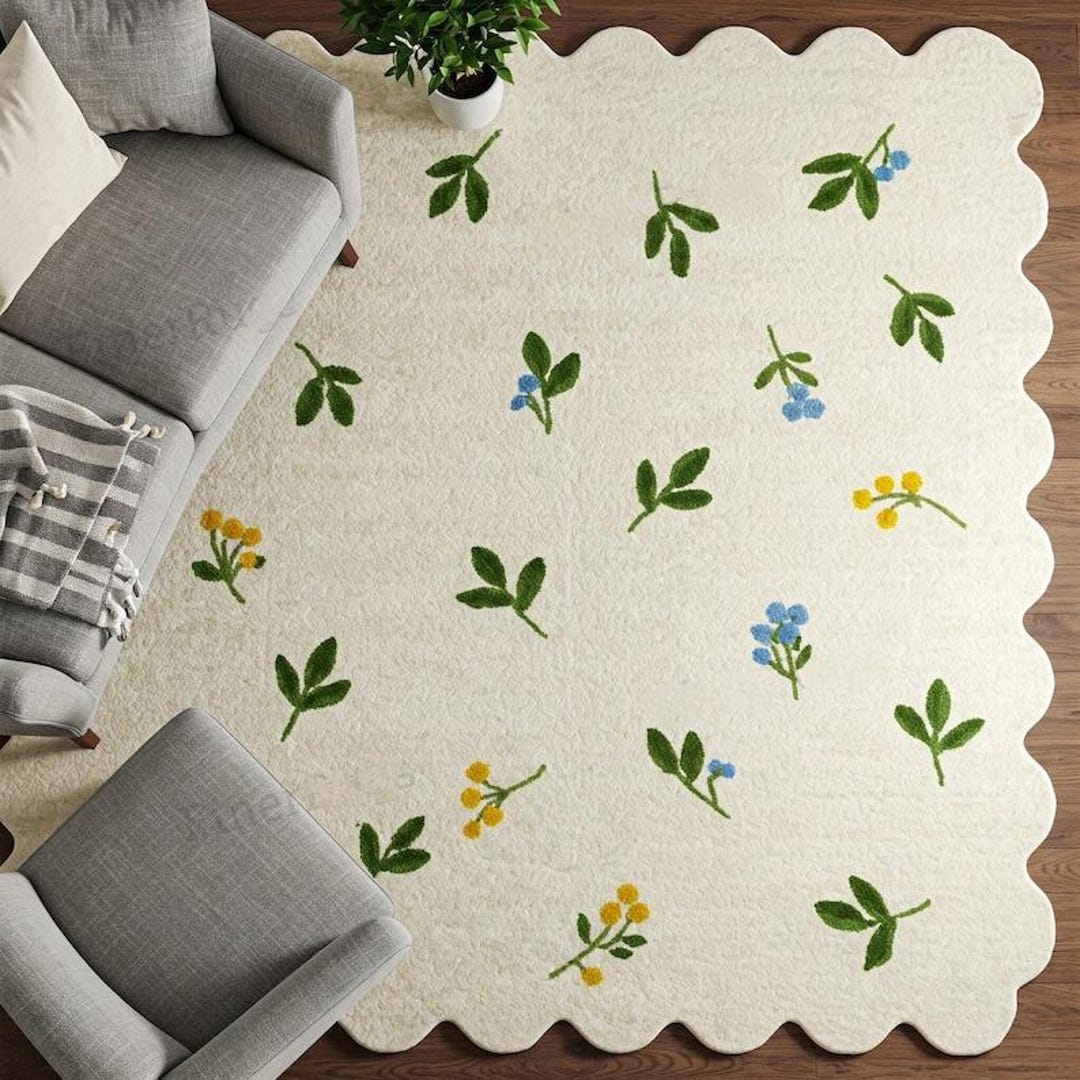 Hand Tufted Wool Area Rug, off White Floral, Scalloped Edge - Etsy