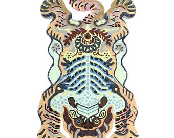 May include: A decorative rug with a unique design. The rug features a symmetrical pattern with a light blue, brown, and pink color scheme. The design includes floral and geometric elements, creating a whimsical and artistic aesthetic.