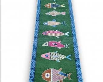 Koi Fish Wool Rug, Hand-Knotted Green Oushak Design (5x8)