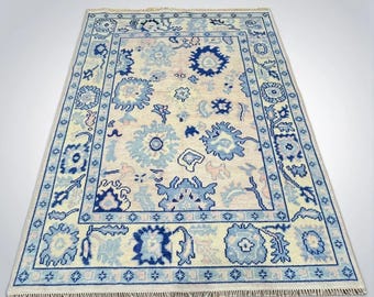 Hand Knotted Wool Rug, Modern Oushak Design, Silver Pink Opal