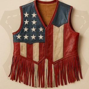 Premium Leather Unisex American Flag Fringe Vest | Patriotic Western Festival Outfit USA Independence Day | Perfect 4 July Independence Gift