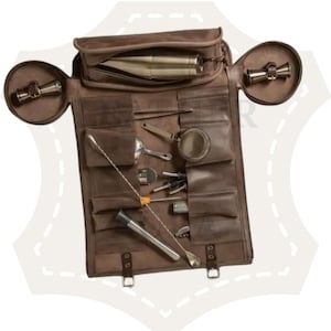 Handmade Leather Bartender Roll | Full Grain Cowhide Tool Bag | 16-Slot Cocktail Kit Organizer | Bartender Travel Case | Gift for Bartenders