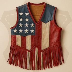 Gilet unisexe en cuir haut de gamme à franges et drapeau américain | Fête de l'Ouest patriotique Outfit Fête de l'indépendance des États-Unis | Cadeau parfait pour l'indépendance du 4 juillet