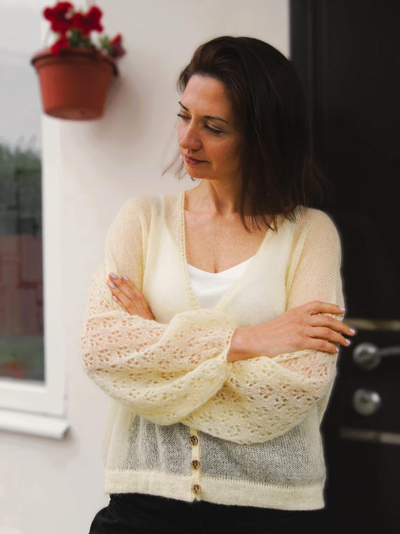 Sheer Mohair Cardigan With Lace Vanilla Cream Cardigan - Main Image