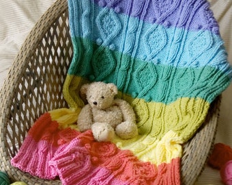 KNITTING PATTERN for Rainbow Baby Blanket hand knitted in traditional aran pattern with a modern twist.