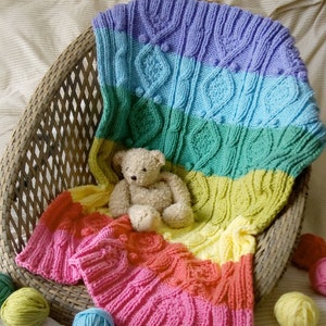 KNITTING PATTERN for Rainbow Baby Blanket hand knitted in traditional aran pattern with a modern twist. image 1