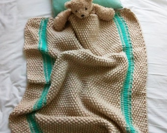 KNITTED BABY BLANKET. Hand knitted french linen stripe/ grain sack stripe baby blanket