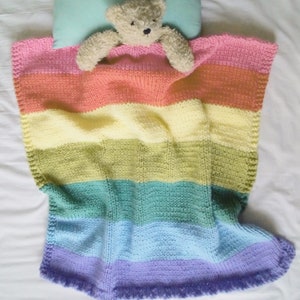 BABY BLANKET PATTERN: Easy knit rainbow baby blanket knitting pattern for finished size 30 x 30 image 1