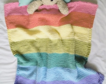 BABY BLANKET PATTERN: Easy knit rainbow baby blanket knitting pattern for finished size 30 x 30"