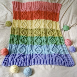 KNITTING PATTERN for Rainbow Baby Blanket hand knitted in traditional aran pattern with a modern twist. image 3