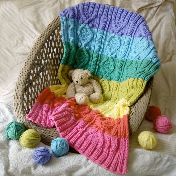 KNITTING PATTERN for Rainbow Baby Blanket Hand Knitted in Traditional Aran Pattern With a Modern Twist. Etsy Canada