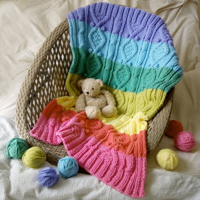 KNITTING PATTERN for Rainbow Baby Blanket hand knitted in traditional aran pattern with a modern twist. image 1