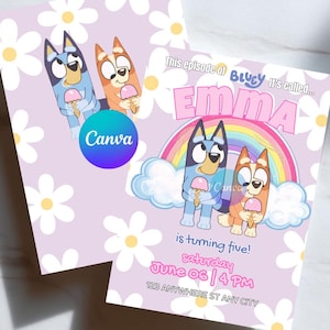 Puede incluir: Dos invitaciones con fondo morado claro y estampado de margaritas blancas. Las invitaciones presentan perros de dibujos animados sosteniendo conos de helado. Una invitación dice "¡EMMA cumple cinco años!" con fecha y hora.