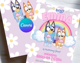 Bluey Ice Cream Birthday Invitation, Editable Bluey Party Invite, Rainbow Kids Birthday Invitation, Printable Digital Download