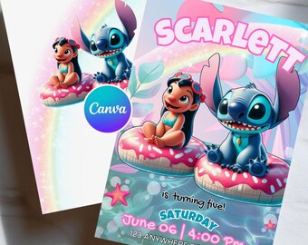 Lilo and Stitch Birthday Invitation Template, Editable Canva Invite, Stitch Pool Party Invitation, Tropical Girl Birthday Digital Download