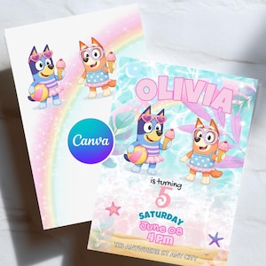 Bluey Pool Party Birthday Invitation Template, Editable Bluey Girl Invite, Summer Birthday Invitation, Bluey Bingo Party, Canva Editable Inv