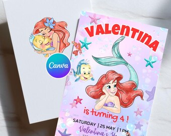 Ariel Mermaid Birthday Invitation Canva Template | Editable Under the Sea Invite for Girls| Little Mermaid Birthday Invitation Template