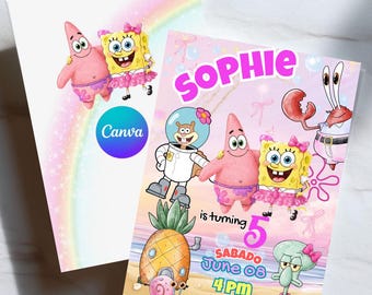 Pink SpongeBob Birthday Invitation, Editable Canva Template, Sponge Theme Girl Invite