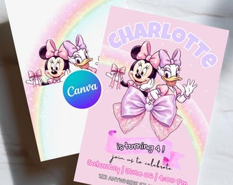 Pink Minnie & Daisy Birthday Invitation Template, Coquette Rainbow Party Invite, Editable Canva Birthday Invitation for Girls