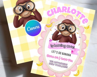 George Curious | Monkey Birthday Invitation Template Editable in Canva | Pink Banana Party Invite for Girls