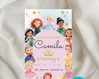 Disney Princess | Princess Birthday Invitation Template Editable | Girl  Birthday Invite | Princess Party Canva Template | Pink Gold Prin
