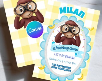 George Curious | Blue Monkey Birthday Invitation Template | Editable Canva Banana Party Invite for Boys | Instant Download