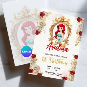 Mermaid 1st Birthday Invitation, Little Mermaid Birthday Party, Under the Sea First Birthday Invite, Editable Canva