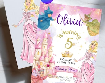 Princess Birthday Invitation Canva Template, Pink Castle Party Invite, Editable Fairy Tale Invitation, Instant Download,Sleeping Beauty