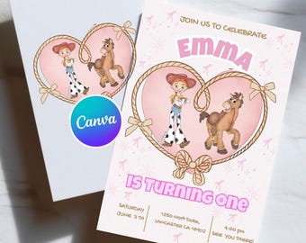 Toy Story digital invitation, Toy Story party, Girl Story, Round Up Pink, Jessie & Bullseye Theme